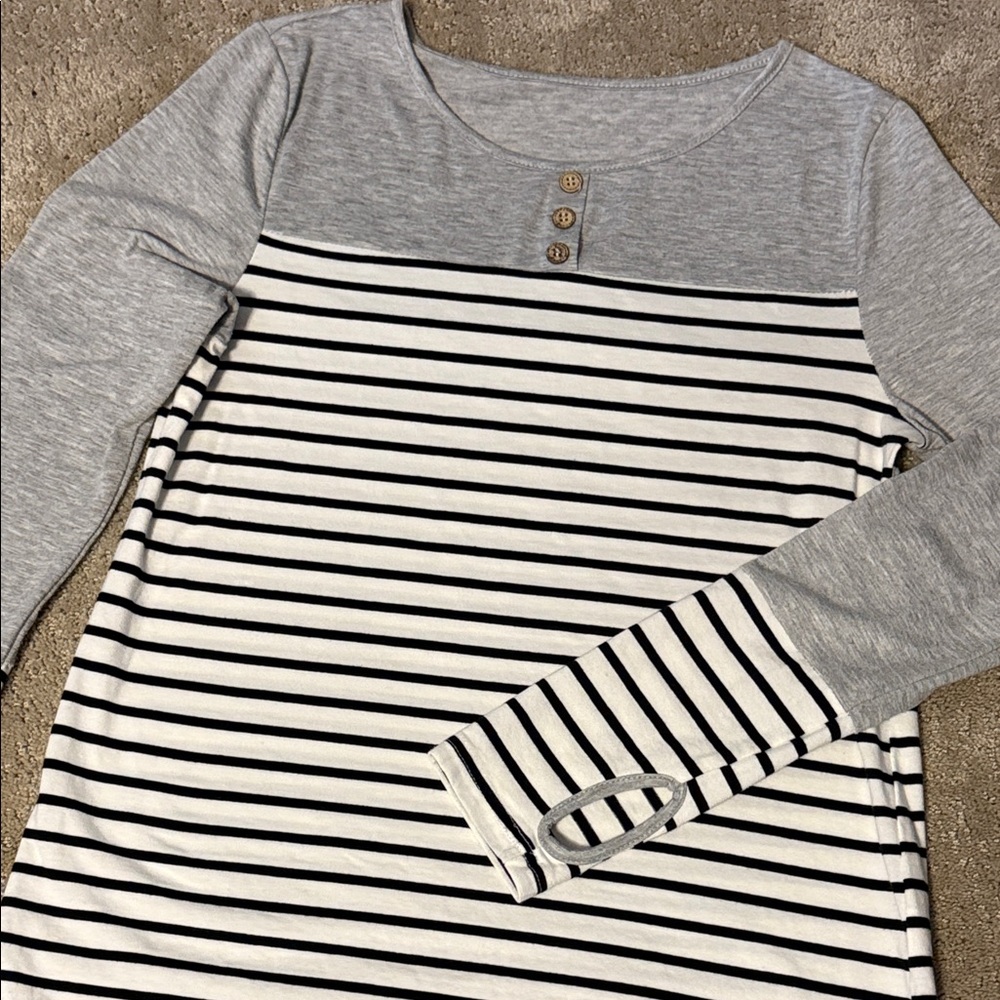 Gray and Black Striped Long Sleeve Top